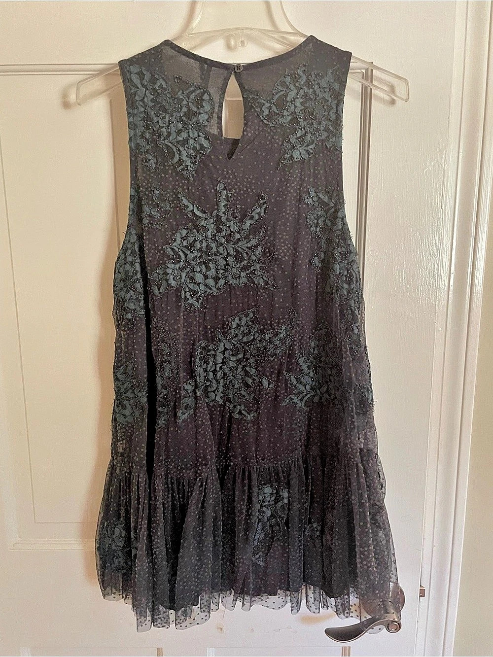 Anthropologie Polka Dot Beaded Lace Mini Dress in Blue Size Medium